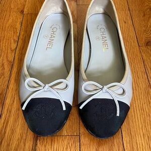 Chanel Women's Black and Cream dusty blue Ballet Flats